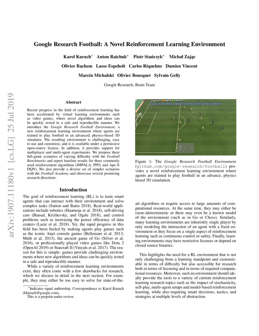 Google Research Football A Novel Reinforcement Learning Environment
