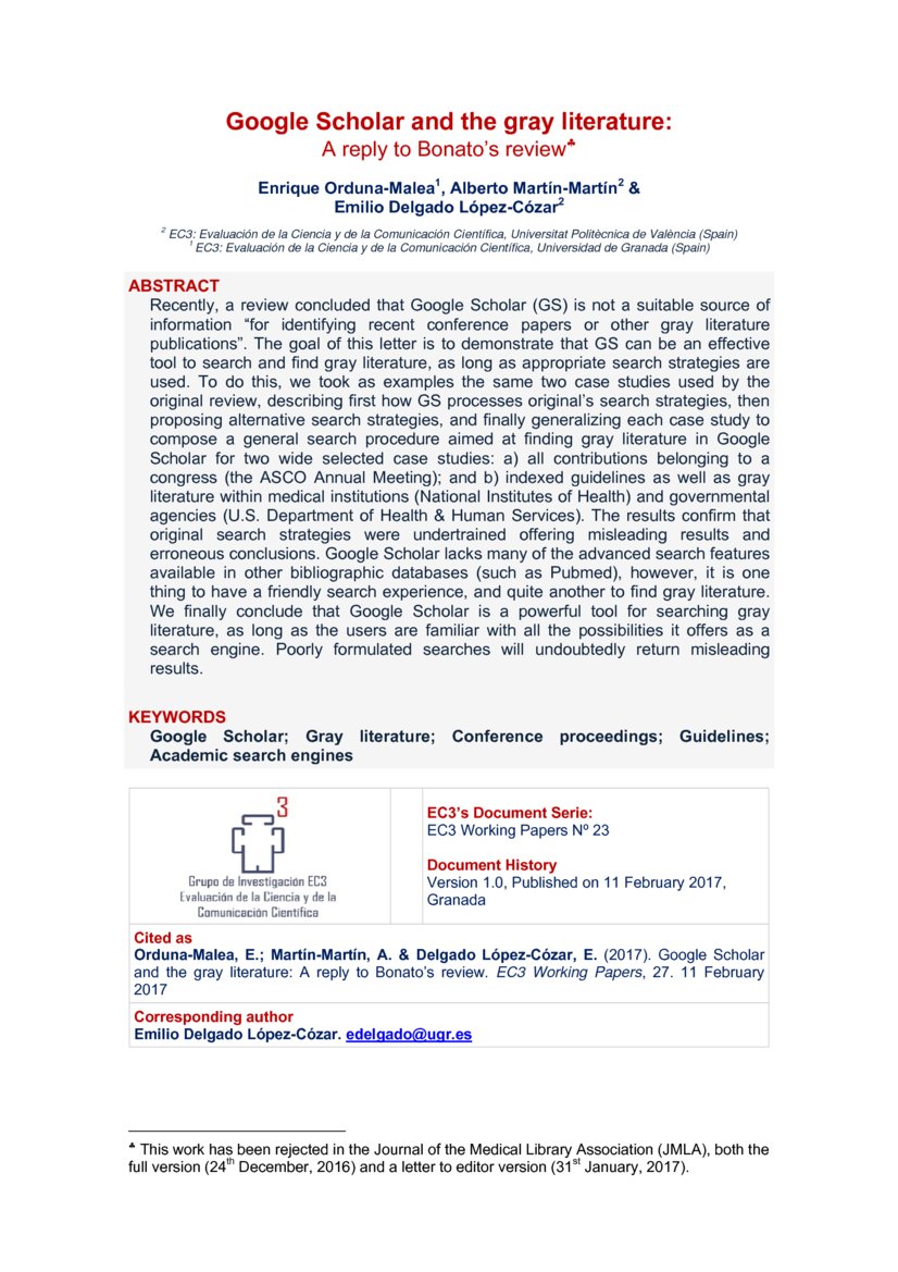 Google Scholar and the gray literature A reply to Bonato's review DeepAI