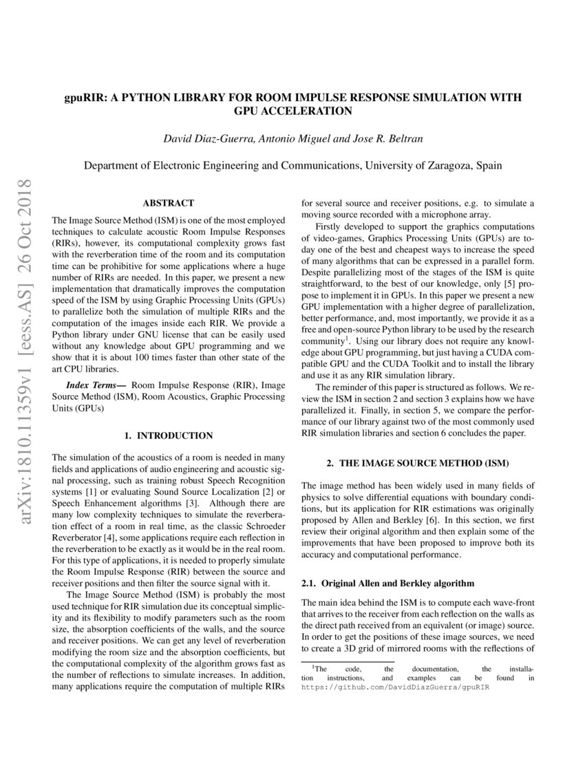 gpuRIR: A python library for Room Impulse Response simulation with GPU ...