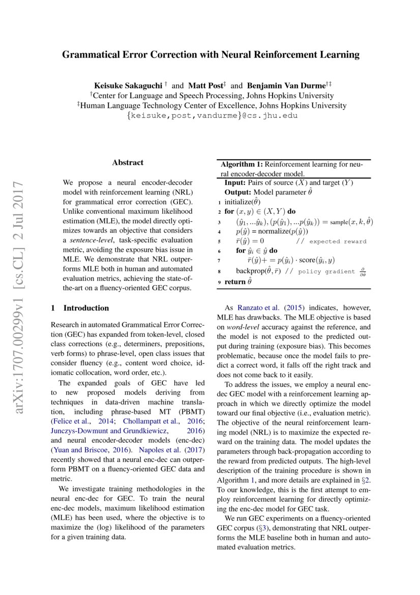 Grammatical Error Correction with Neural Reinforcement Learning | DeepAI