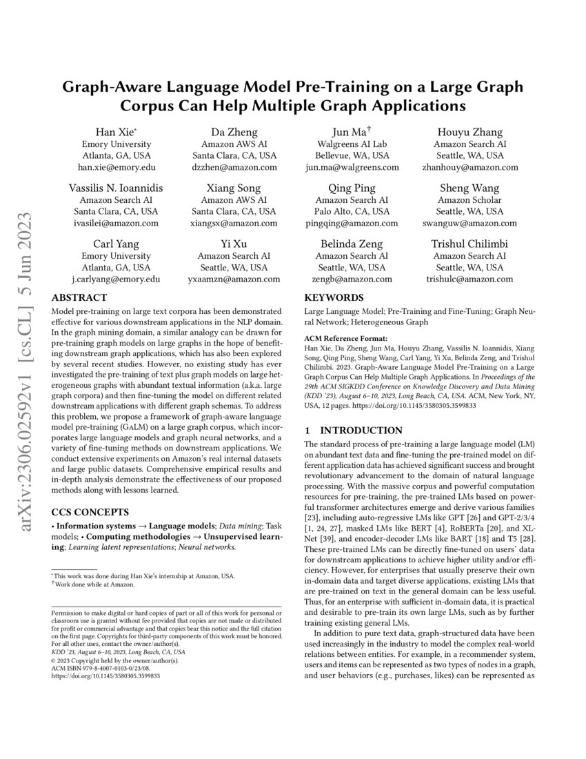 Graph aware language model pre training on a large graph corpus can