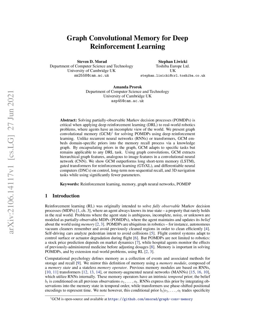 Graph Convolutional Memory for Deep Reinforcement Learning | DeepAI