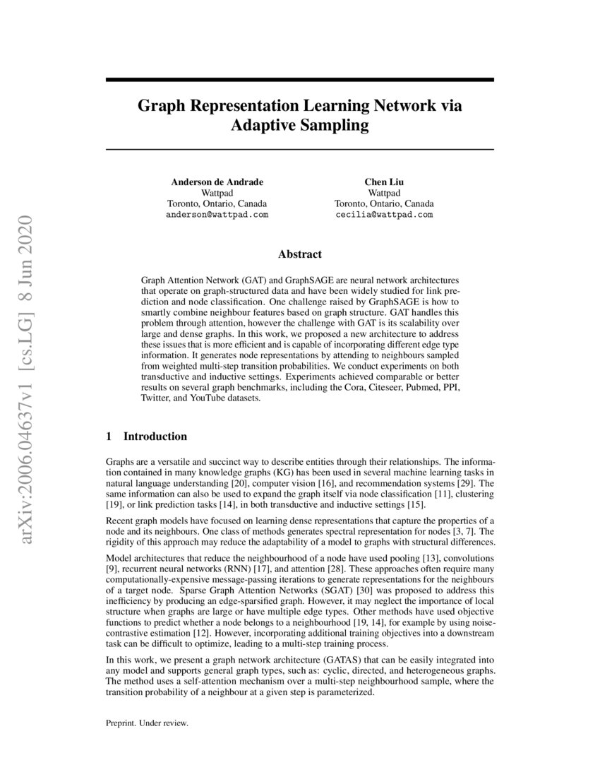 Graph Representation Learning Network Via Adaptive Sampling Deepai