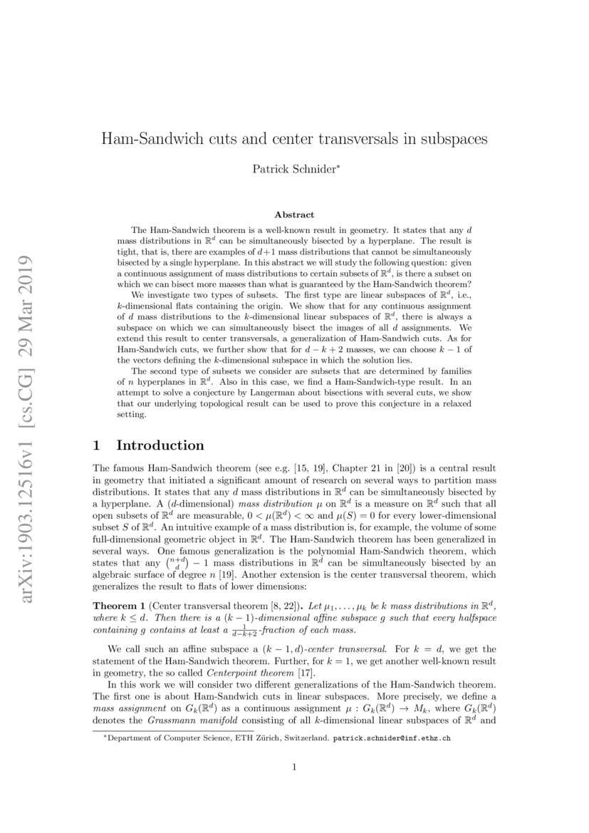 HamSandwich cuts and center transversals in subspaces DeepAI