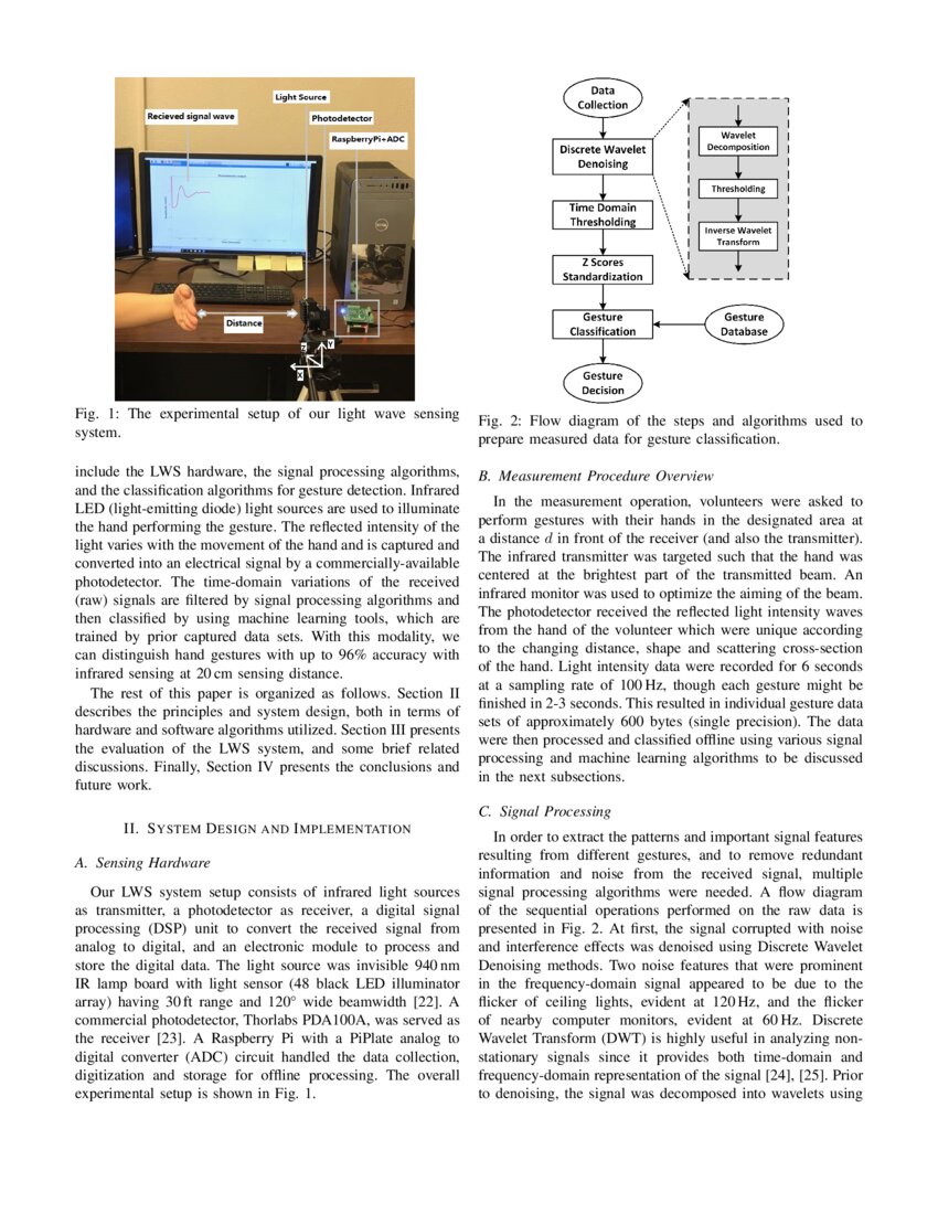 Hand Gesture Recognition through Reflected Infrared Light Wave Signals