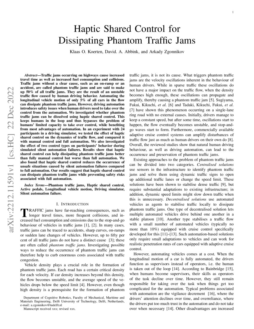 Haptic Shared Control for Dissipating Phantom Traffic Jams DeepAI
