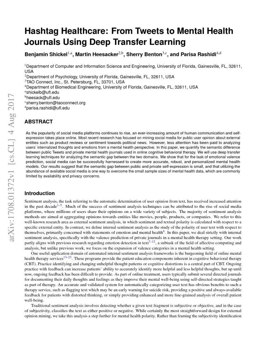 Hashtag Healthcare From Tweets to Mental Health Journals Using Deep Transfer Learning DeepAI