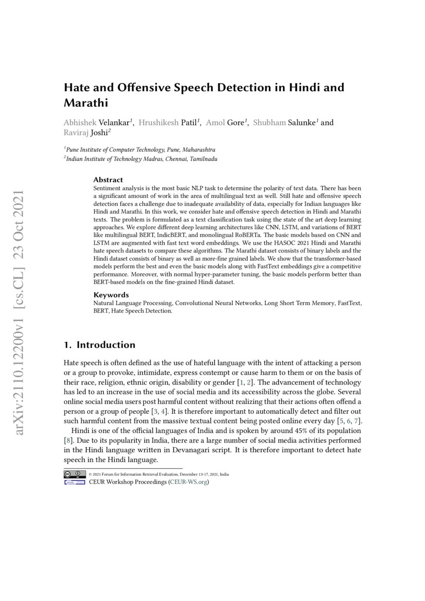 Hate and Offensive Speech Detection in Hindi and Marathi DeepAI