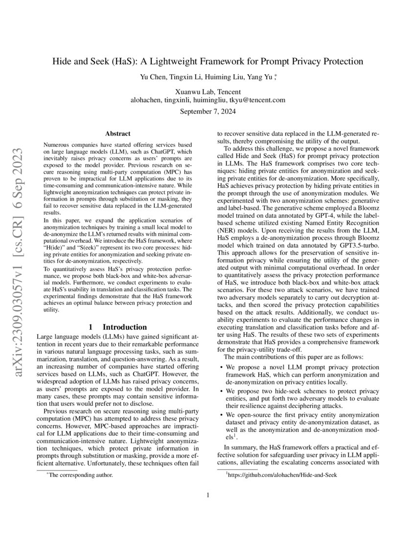 Hide and Seek (HaS): A Lightweight Framework for Prompt Privacy ...