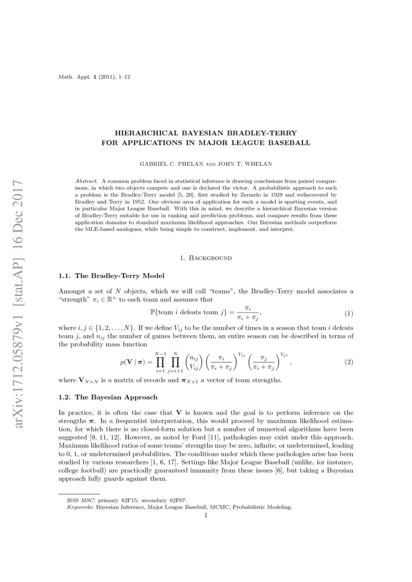 Hierarchical Bayesian BradleyTerry for Applications in Major League