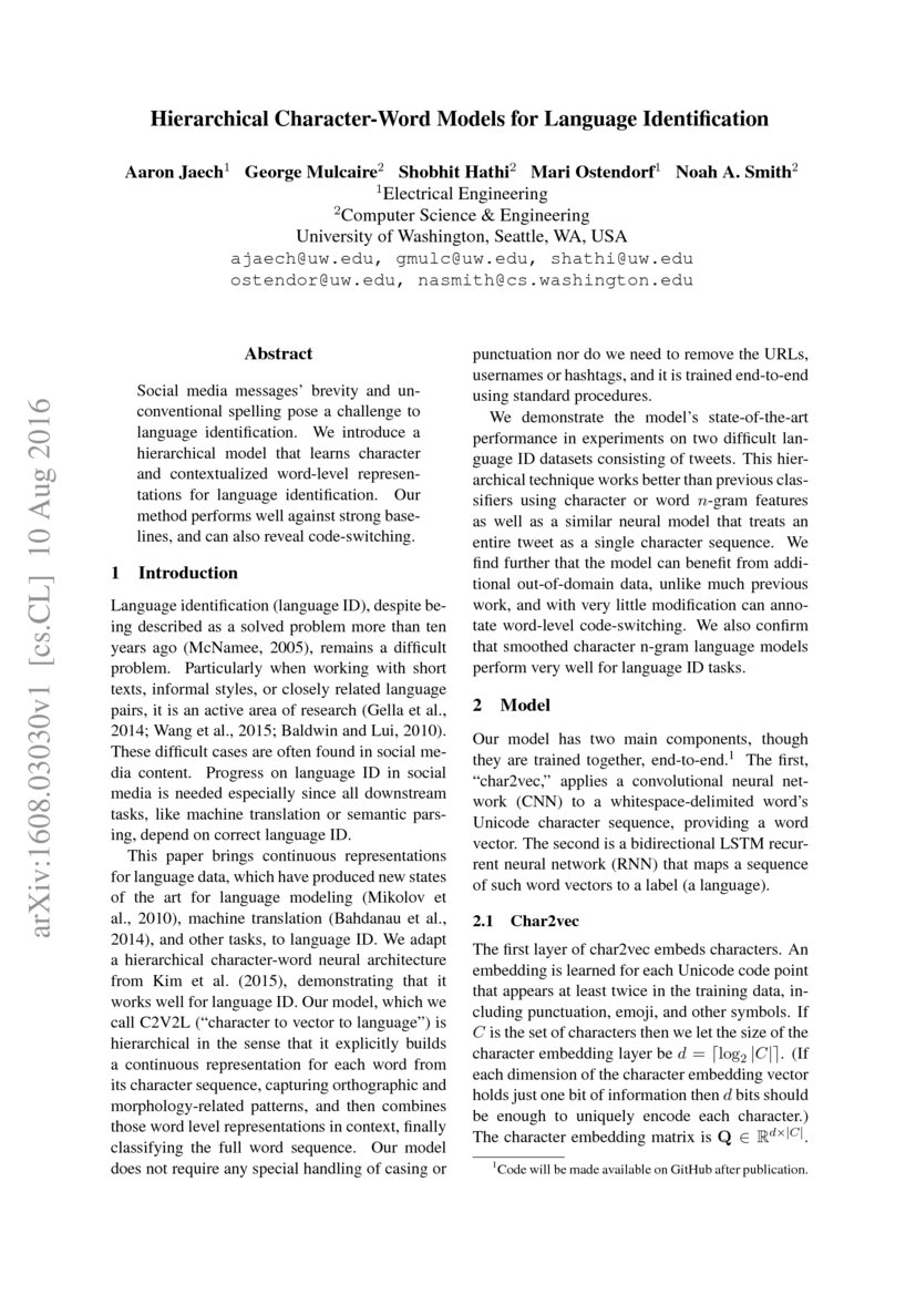 Hierarchical Character-Word Models for Language Identification | DeepAI