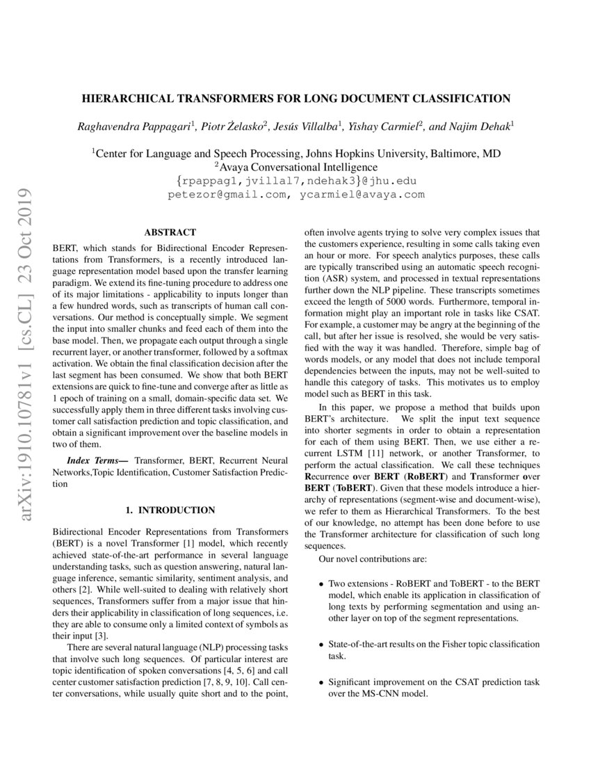 Hierarchical Transformers For Long Document Classification Deepai Hierarchical Transformers For Long Document Classification Deepai