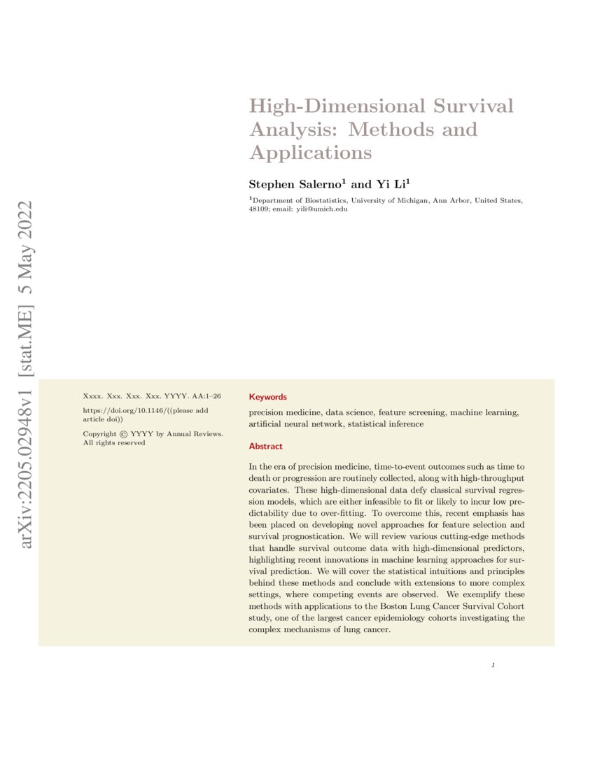 HighDimensional Survival Analysis Methods and Applications DeepAI