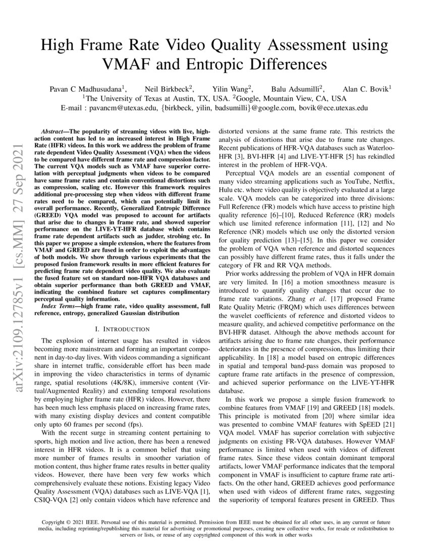 High Frame Rate Video Quality Assessment using VMAF and Entropic