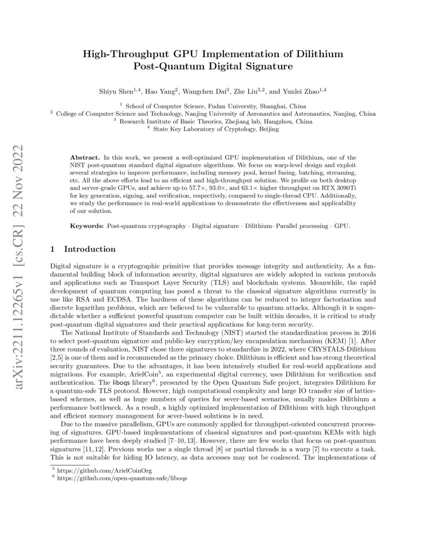 Dilithium Algorithm High-Throughput GPU Implementation of Dilithium Post-Quantum Digital ...