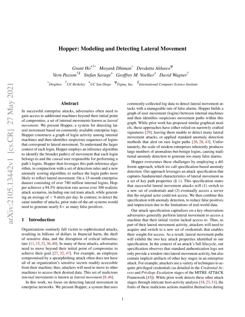 Hopper Modeling and Detecting Lateral Movement (Extended Report) DeepAI