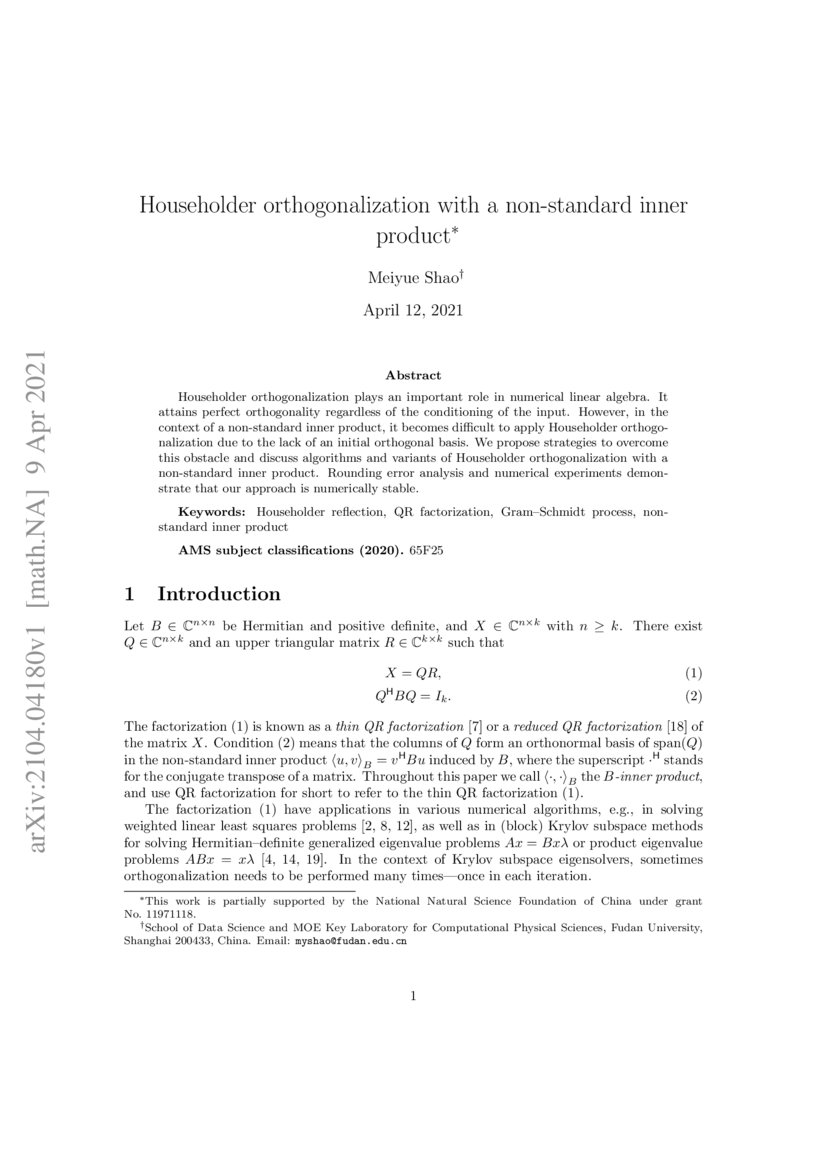 Householder orthogonalization with a nonstandard inner product DeepAI
