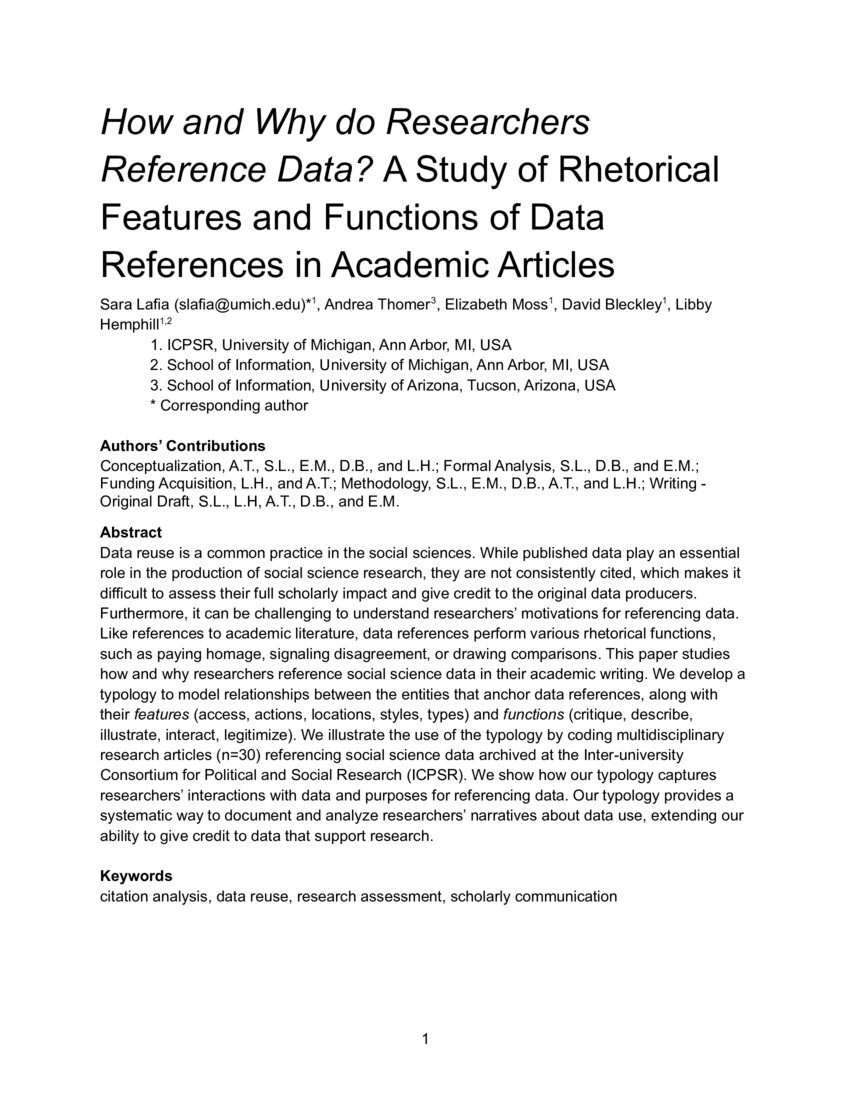 How and Why do Researchers Reference Data? A Study of Rhetorical ...