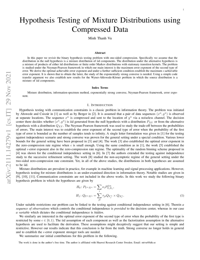 Hypothesis Testing of Mixture Distributions using Compressed Data DeepAI