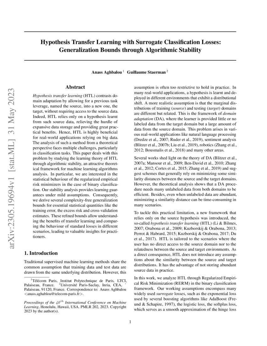 Hypothesis Transfer Learning with Surrogate Classification Losses | DeepAI