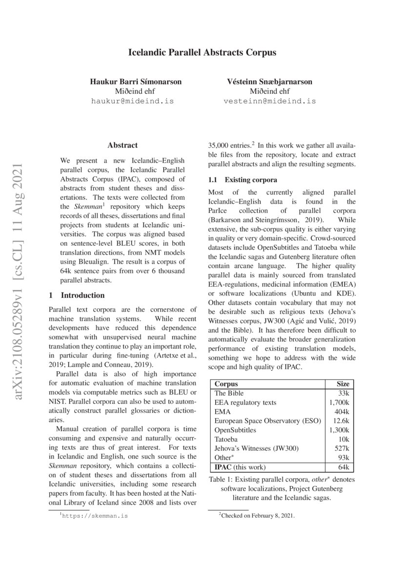 Icelandic Parallel Abstracts Corpus | DeepAI