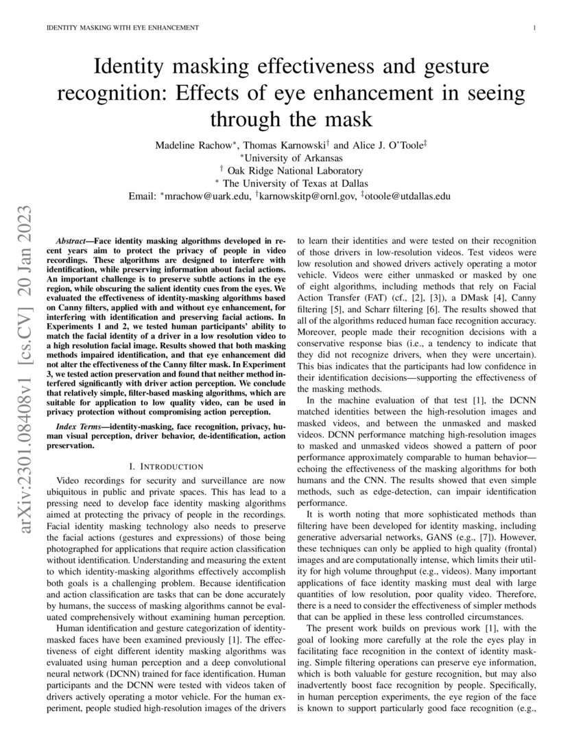 Identity masking effectiveness and gesture recognition Effects of eye