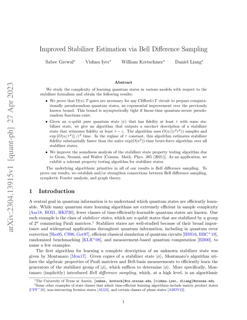 Improved Stabilizer Estimation via Bell Difference Sampling | DeepAI