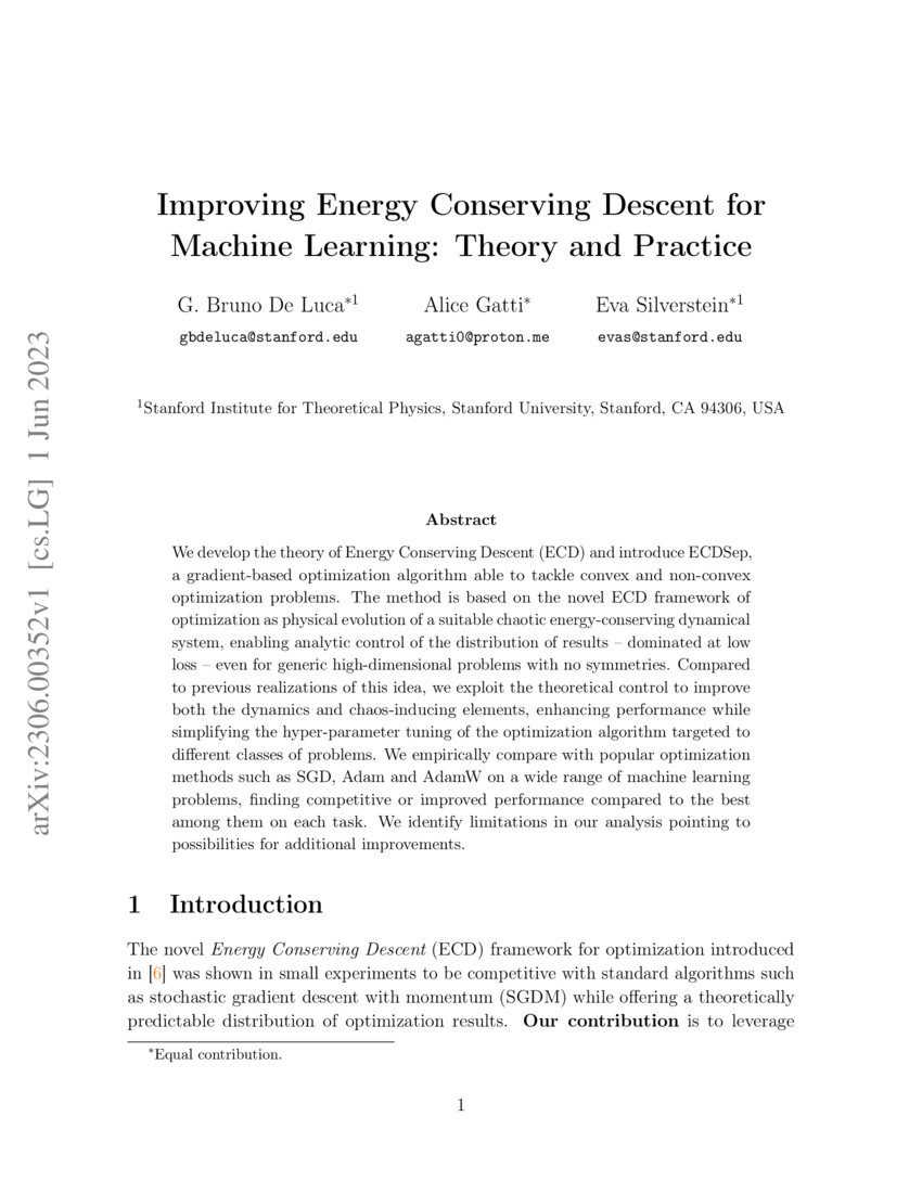 Improving energy conserving descent for machine learning theory and