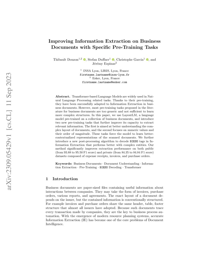 Improving Information Extraction on Business Documents with Specific PreTraining Tasks DeepAI