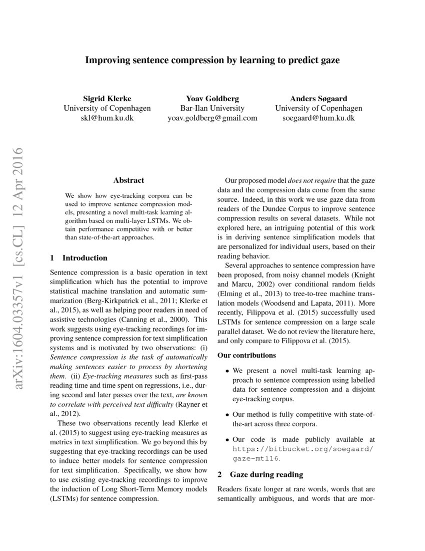 Improving sentence compression by learning to predict gaze DeepAI