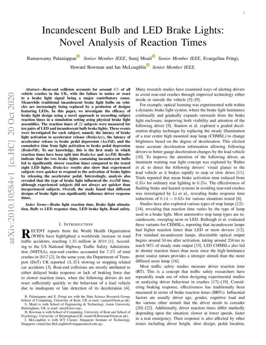 Incandescent Bulb and LED Brake LightsNovel Analysis of Reaction Times