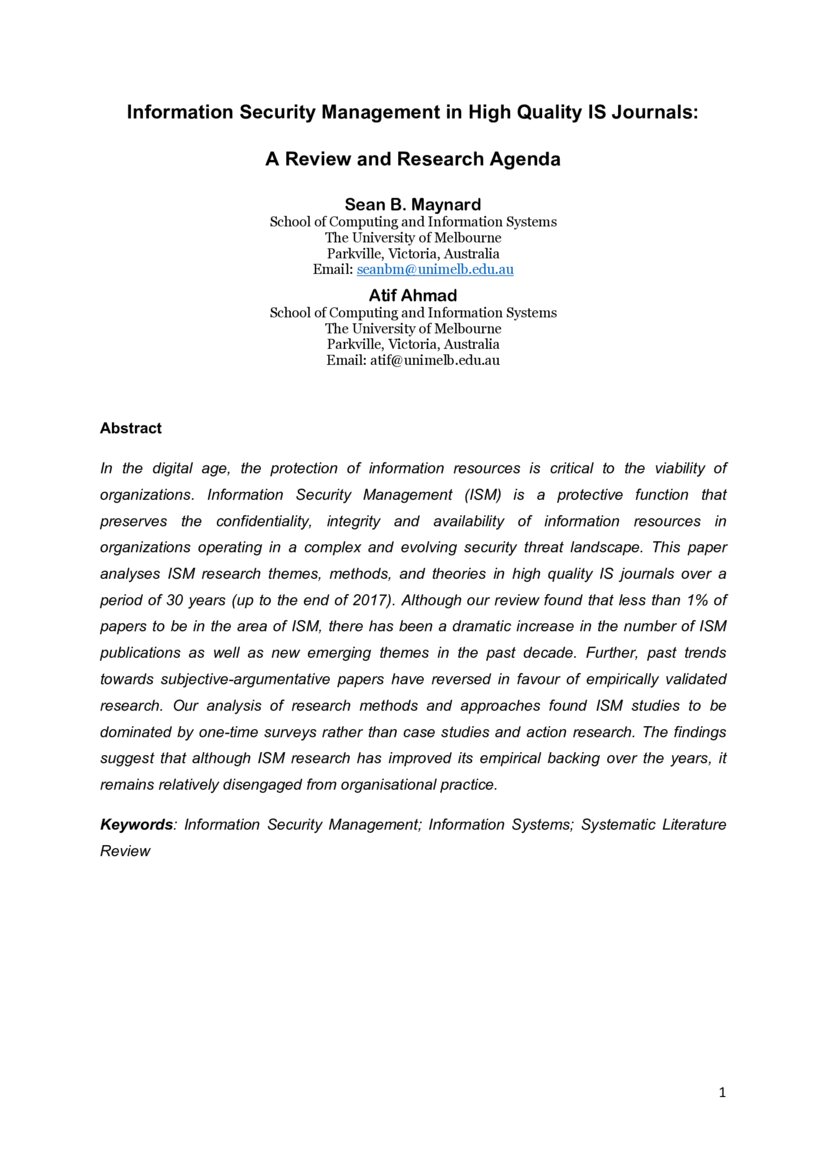 Information Security Management in High Quality IS Journals A Review and Research Agenda DeepAI