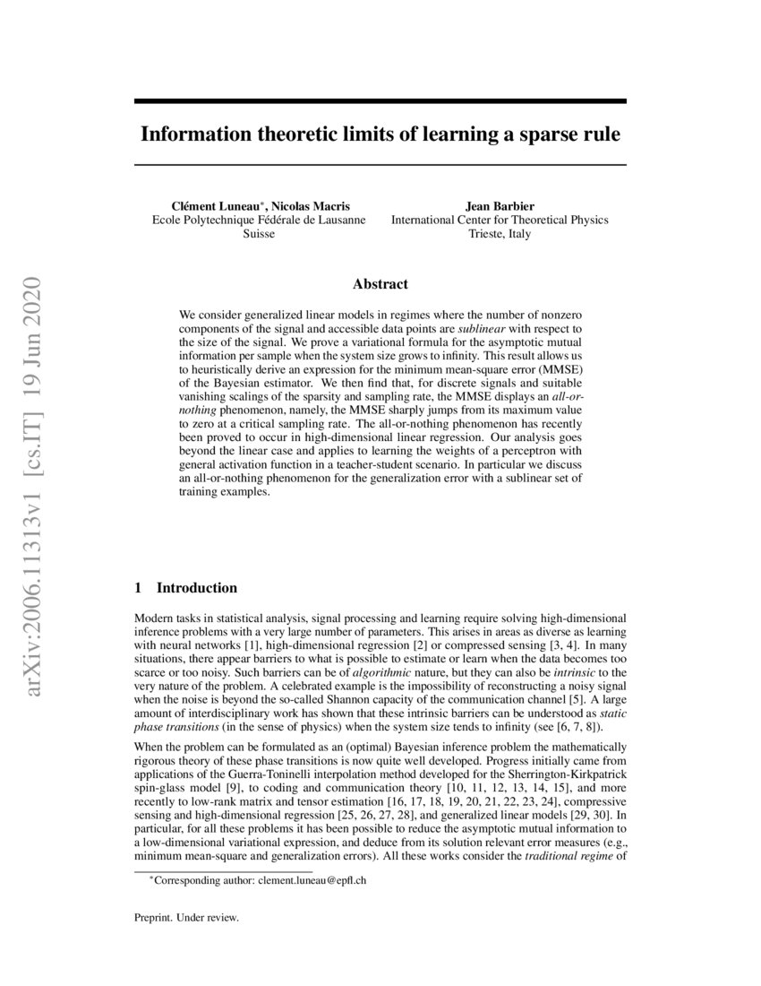 Information theoretic limits of learning a sparse rule DeepAI