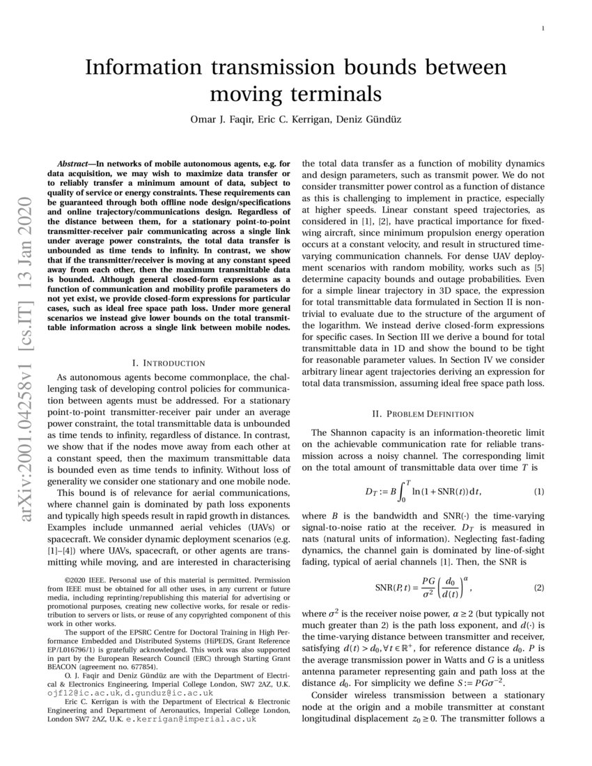 Information transmission bounds between moving terminals DeepAI