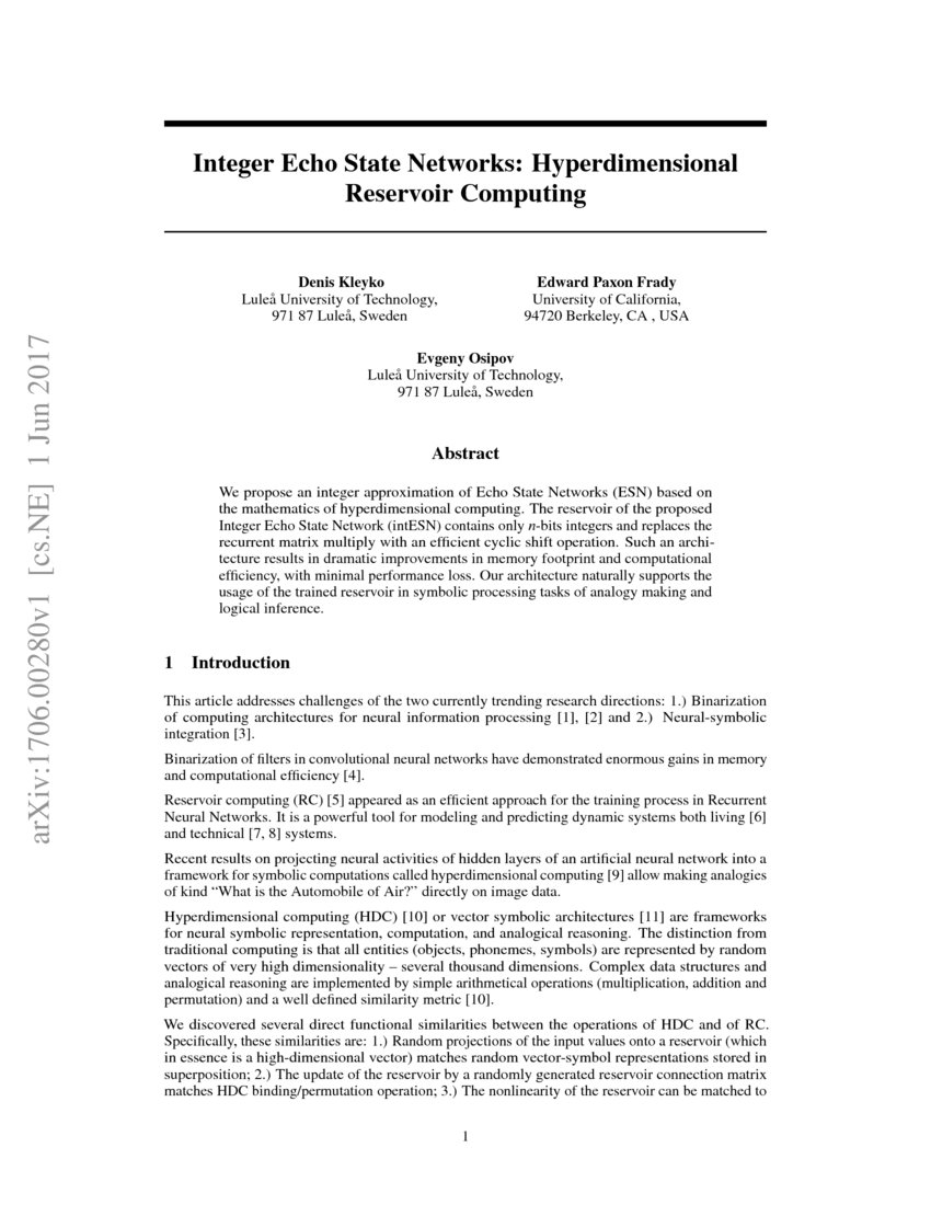 Integer Echo State Networks: Hyperdimensional Reservoir Computing | DeepAI