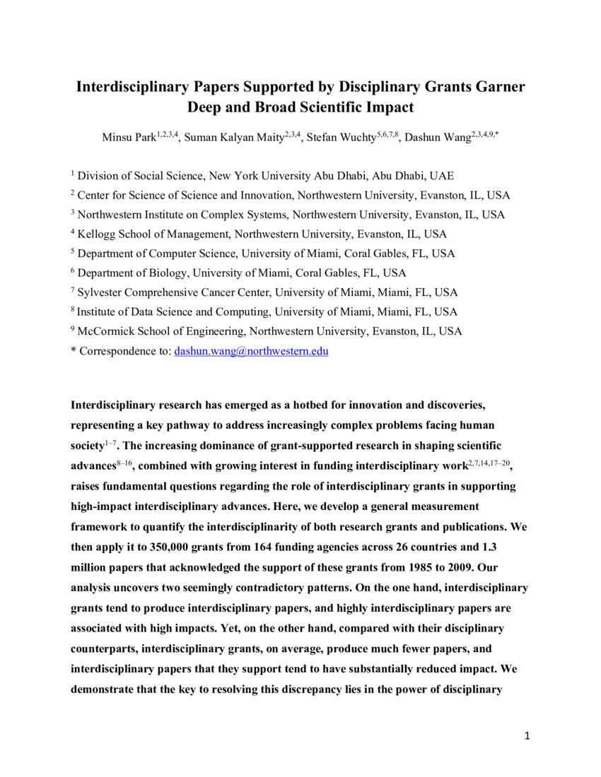 Interdisciplinary Papers Supported by Disciplinary Grants Garner Deep