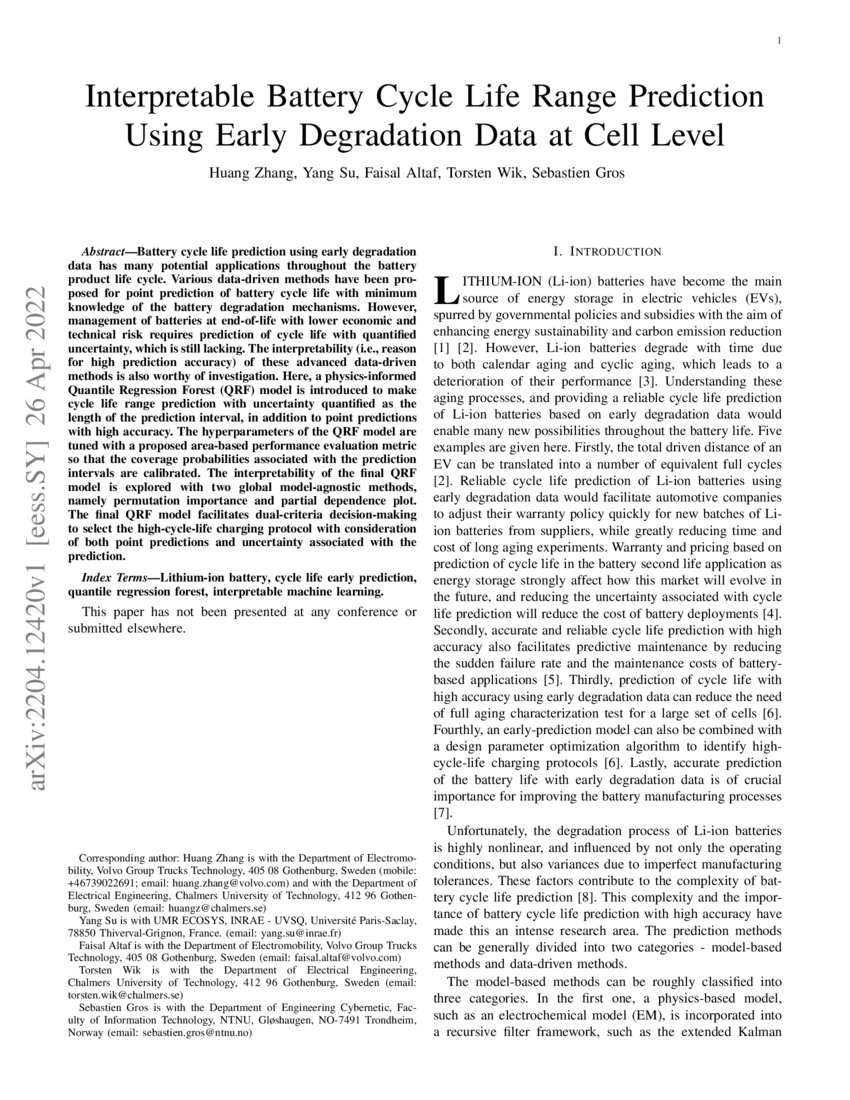 Interpretable Battery Cycle Life Range Prediction Using Early