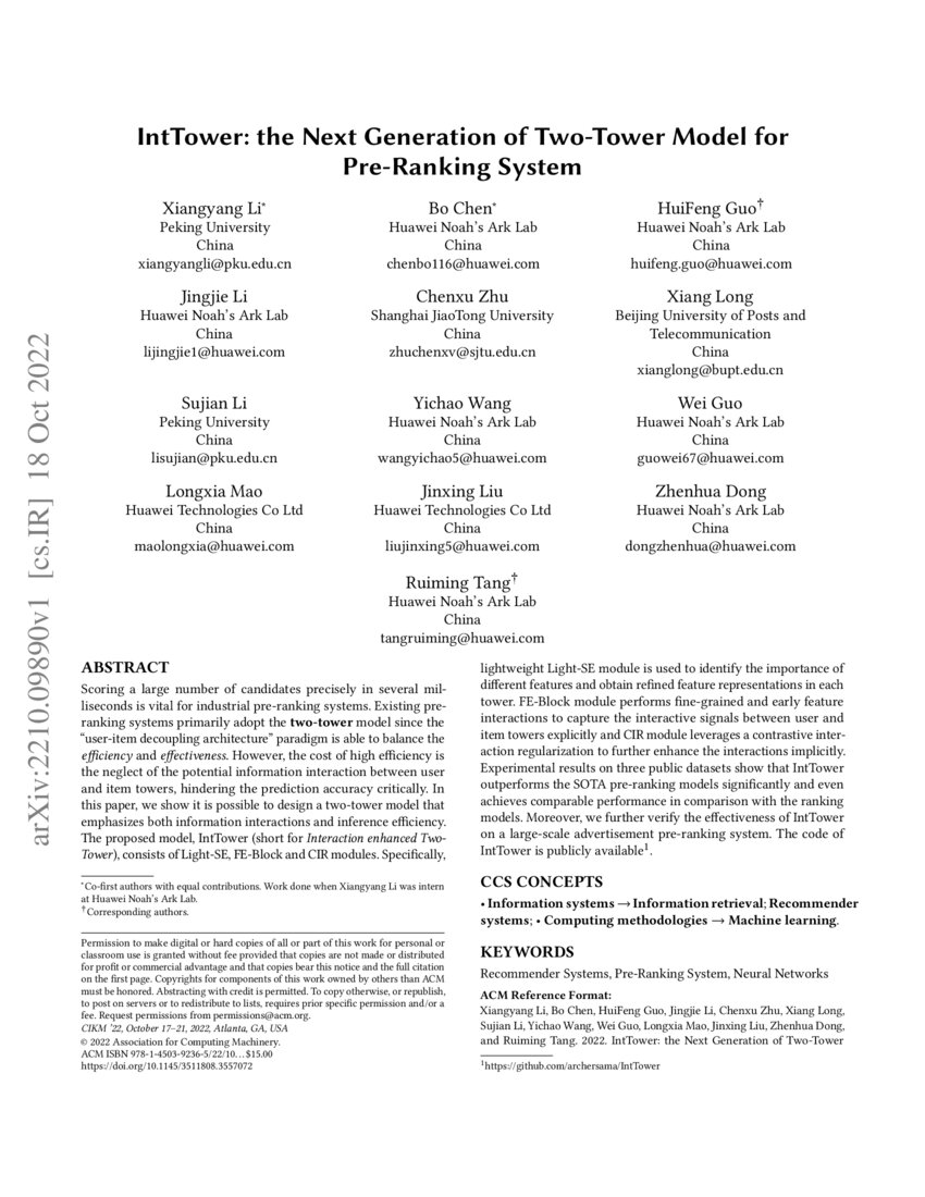 IntTower: the Next Generation of Two-Tower Model for Pre-Ranking System ...