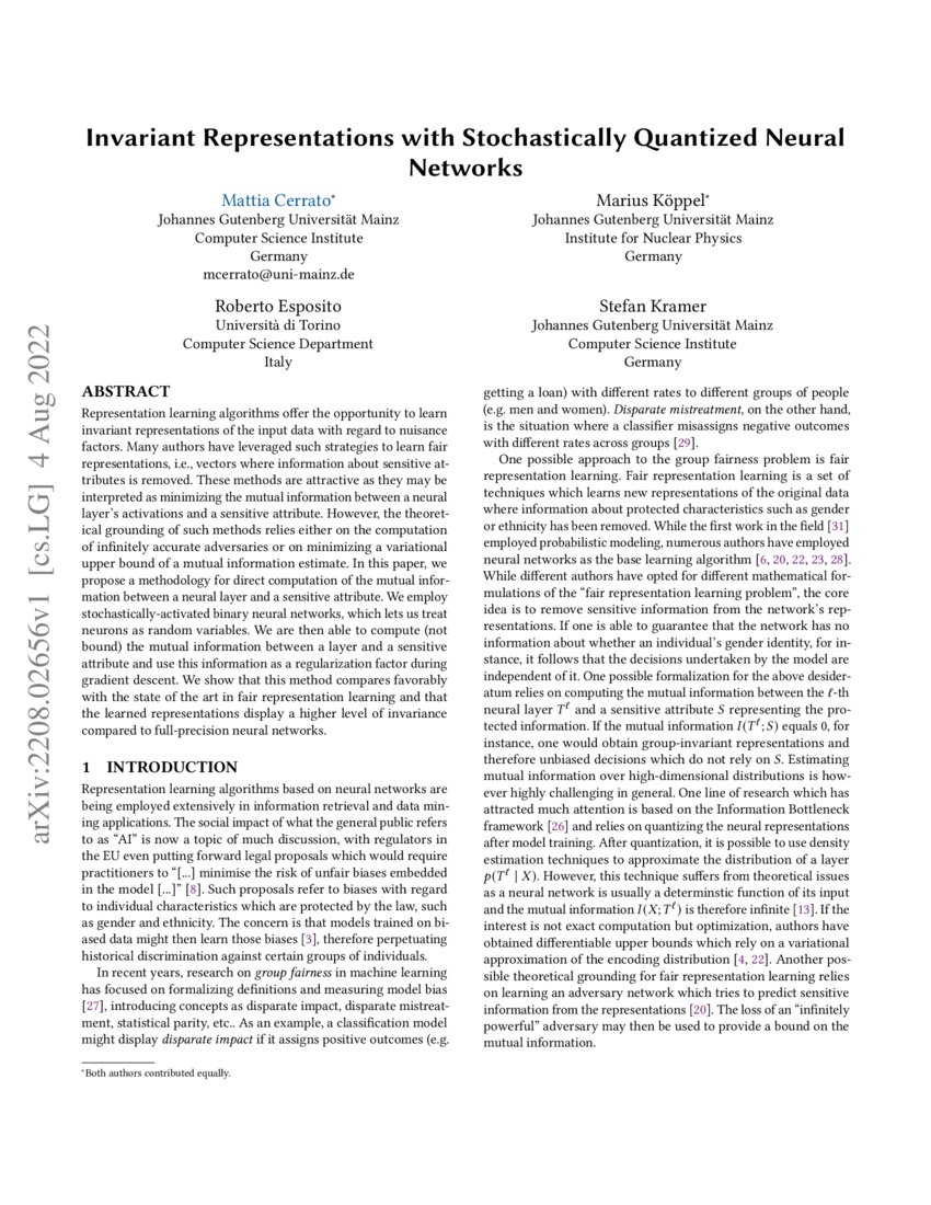 Invariant Representations with Stochastically Quantized Neural Networks