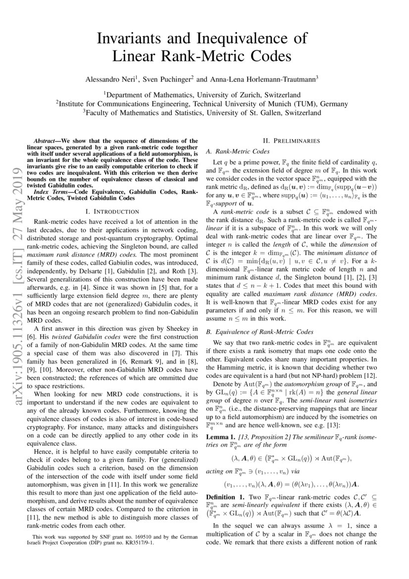 Invariants And Inequivalence Of Linear Rank Metric Codes DeepAI