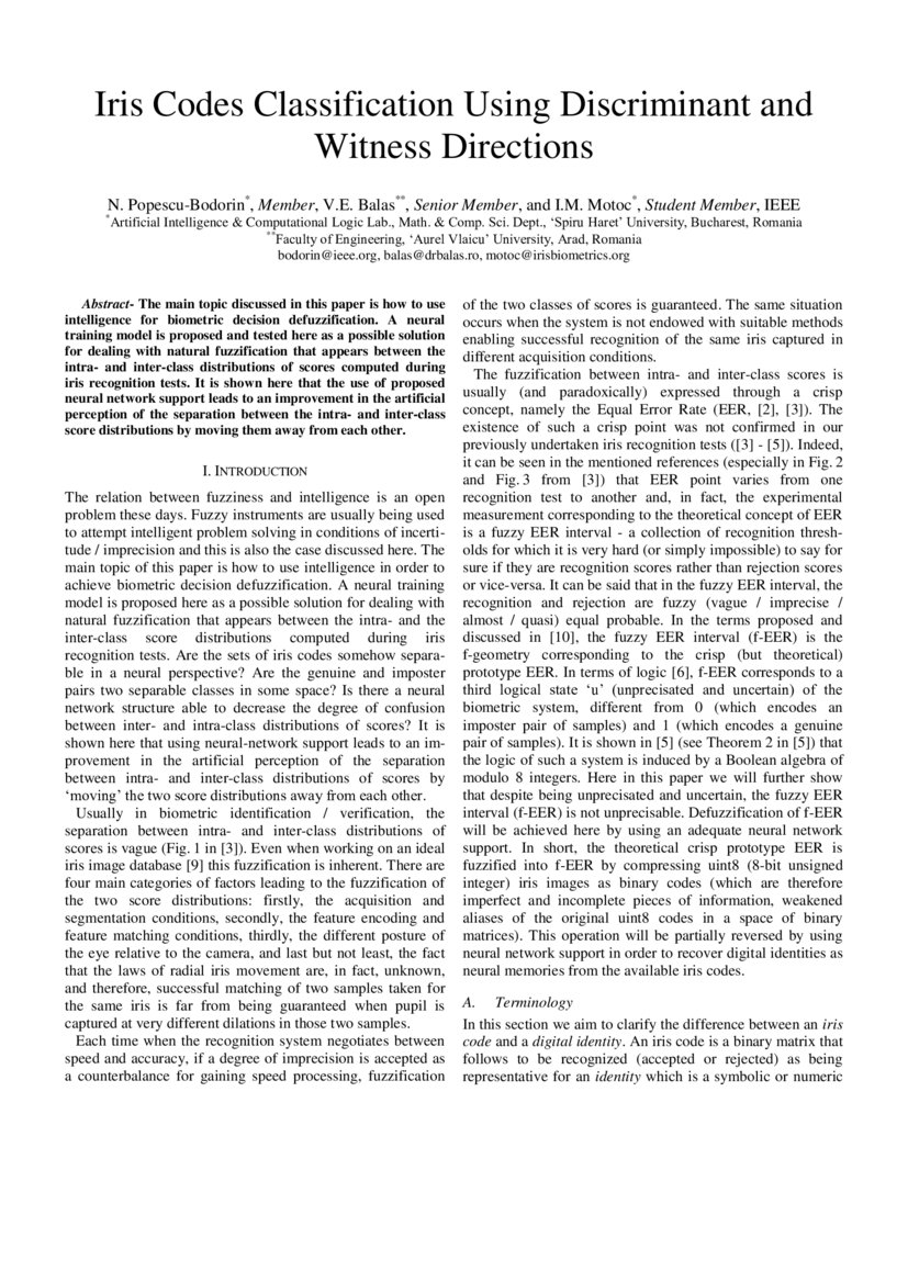 Iris Codes Classification Using Discriminant and Witness Directions