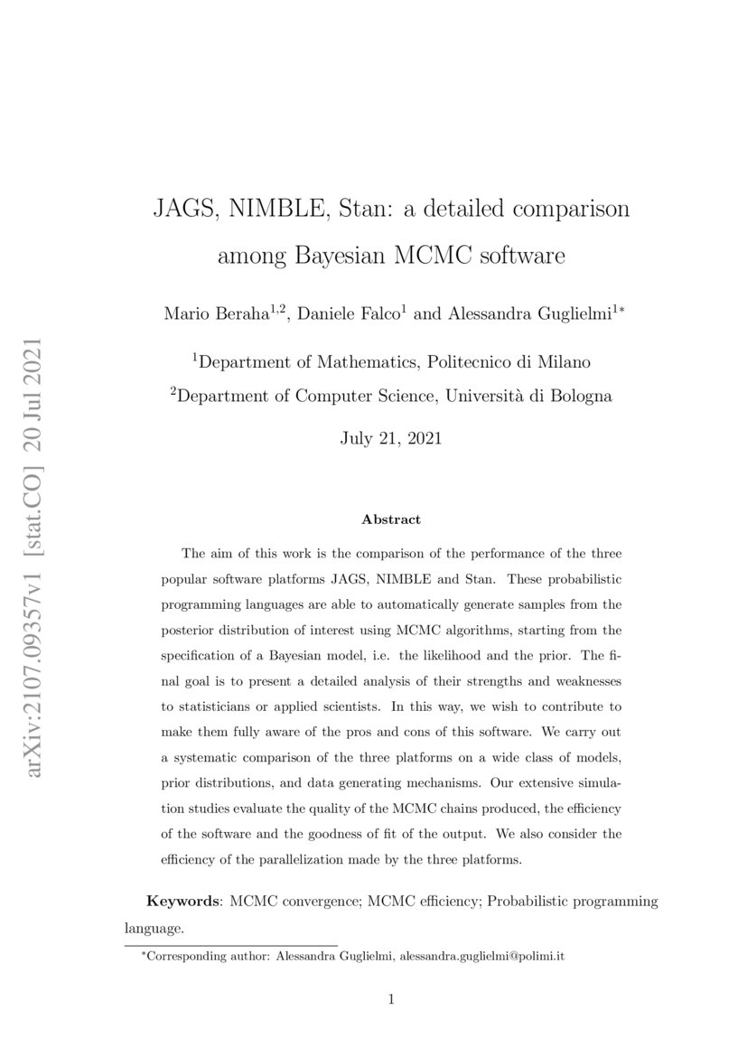 JAGS, NIMBLE, Stan a detailed comparison among Bayesian MCMC software
