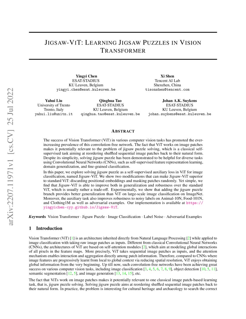 JigsawViT Learning Jigsaw Puzzles in Vision Transformer DeepAI