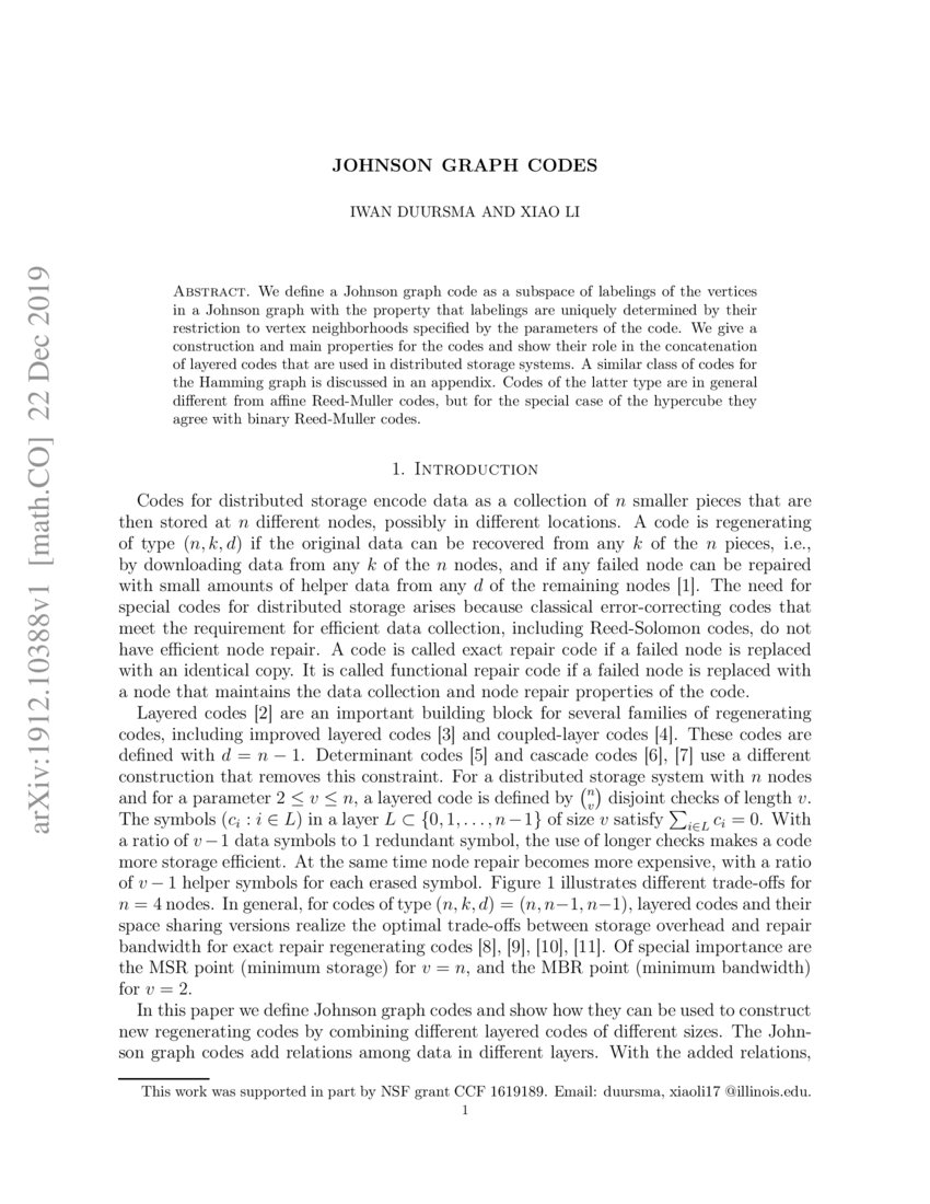 Johnson Graph Codes | DeepAI