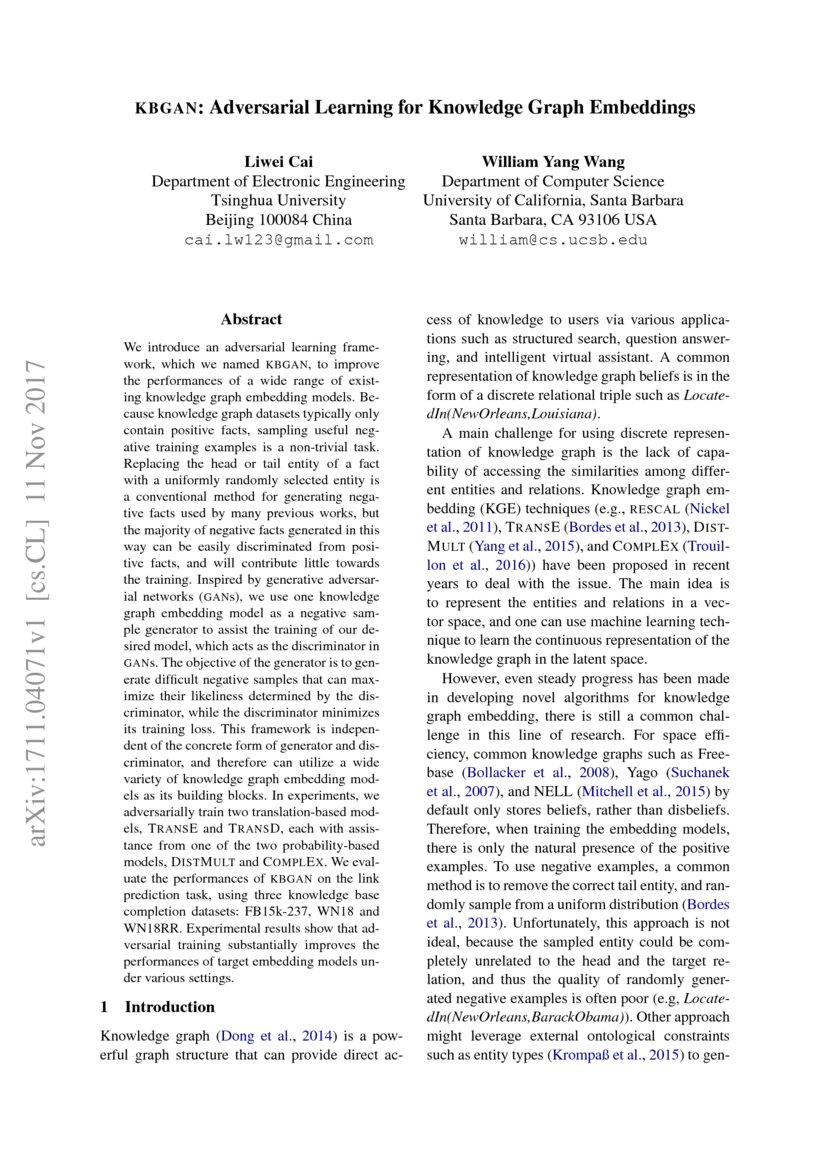 Kbgan Adversarial Learning For Knowledge Graph Embeddings Deepai