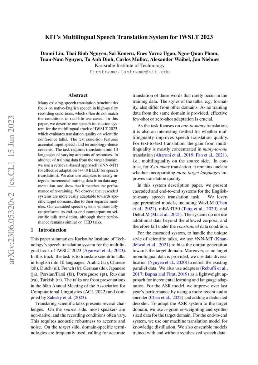 KIT's Multilingual Speech Translation System for IWSLT 2023 DeepAI