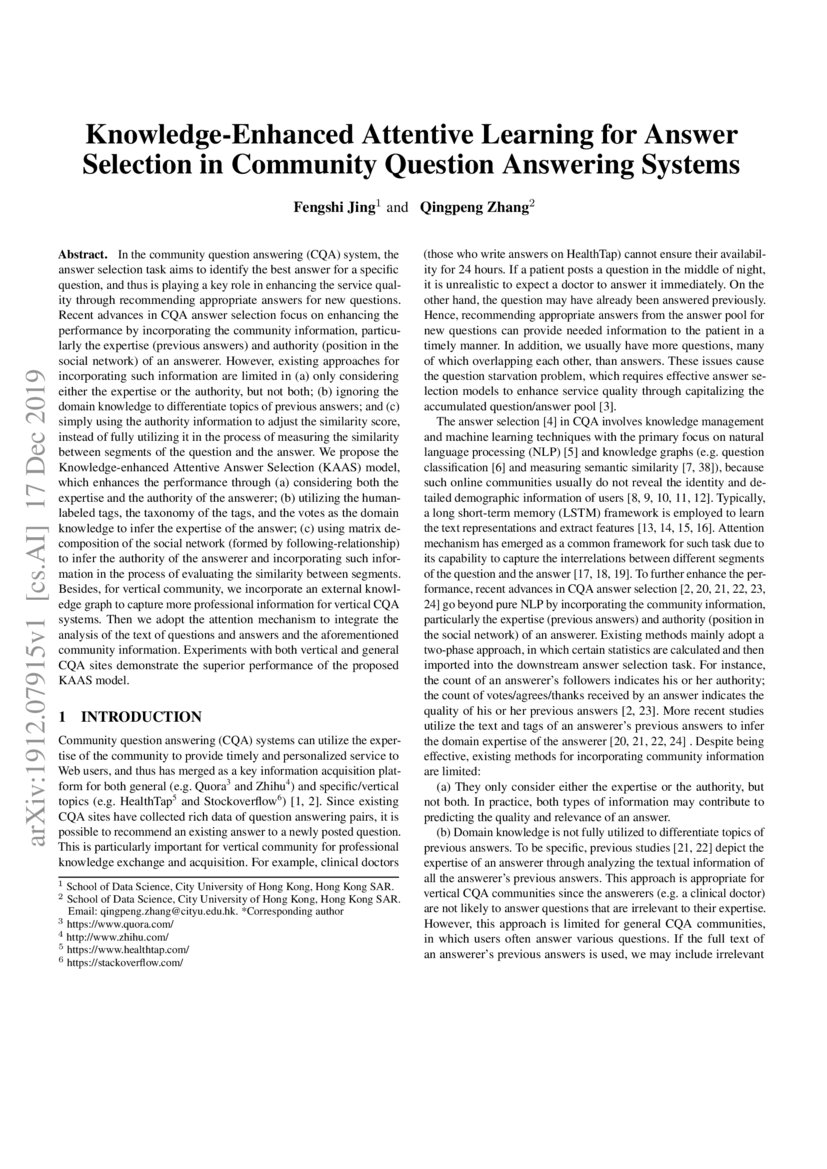 Knowledge-Enhanced Attentive Learning for Answer Selection in Community ...