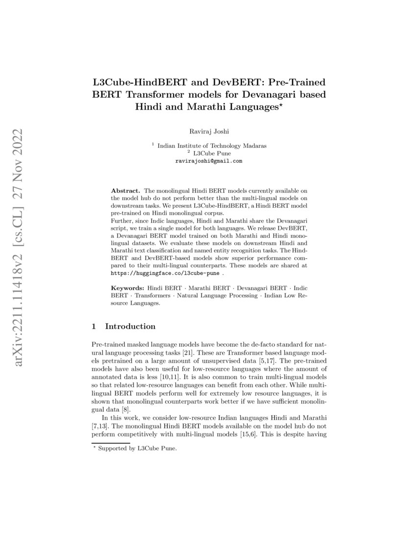 L3CubeHindBERT and DevBERT PreTrained BERT Transformer models for