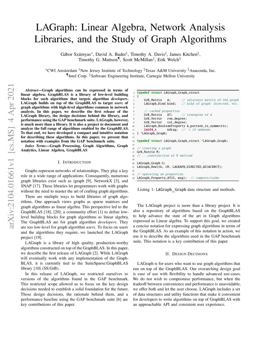 Lagraph Linear Algebra Network Analysis Libraries And The Study Of Lagraph Linear Algebra Network Analysis Libraries And The Study Of