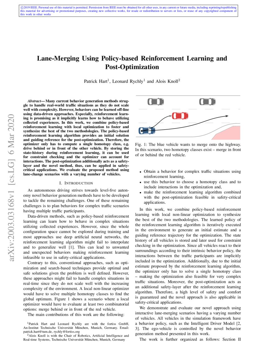 LaneMerging Using Policybased Reinforcement Learning and Post